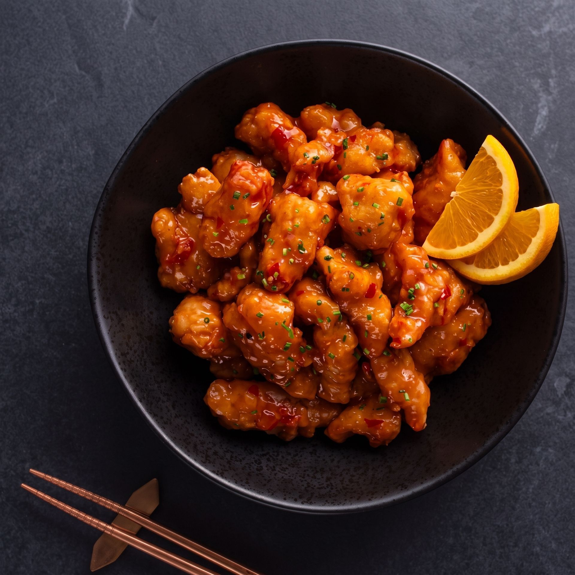Glazed orange chicken bites in a black bowl with orange slices on a dark table, chopsticks beside it