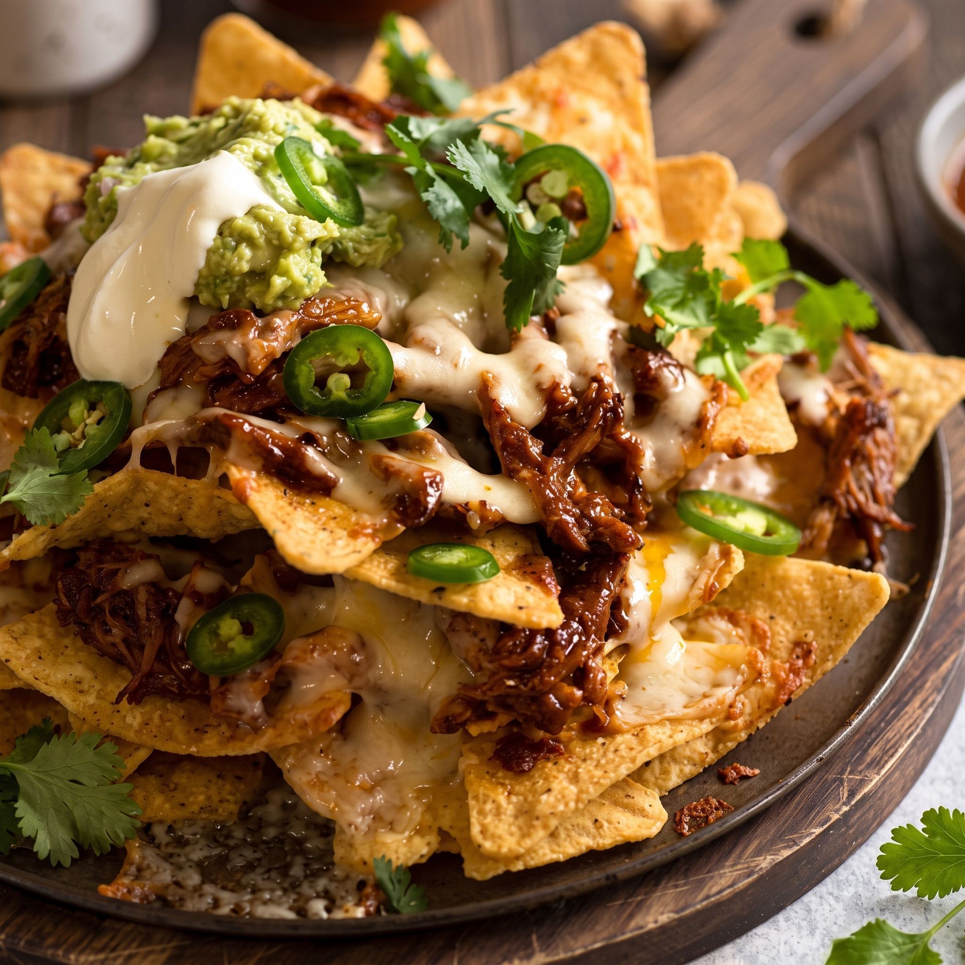 Loaded nachos topped with melted cheese, salsa, jalapeños, guacamole, and sour cream on a dark plate.