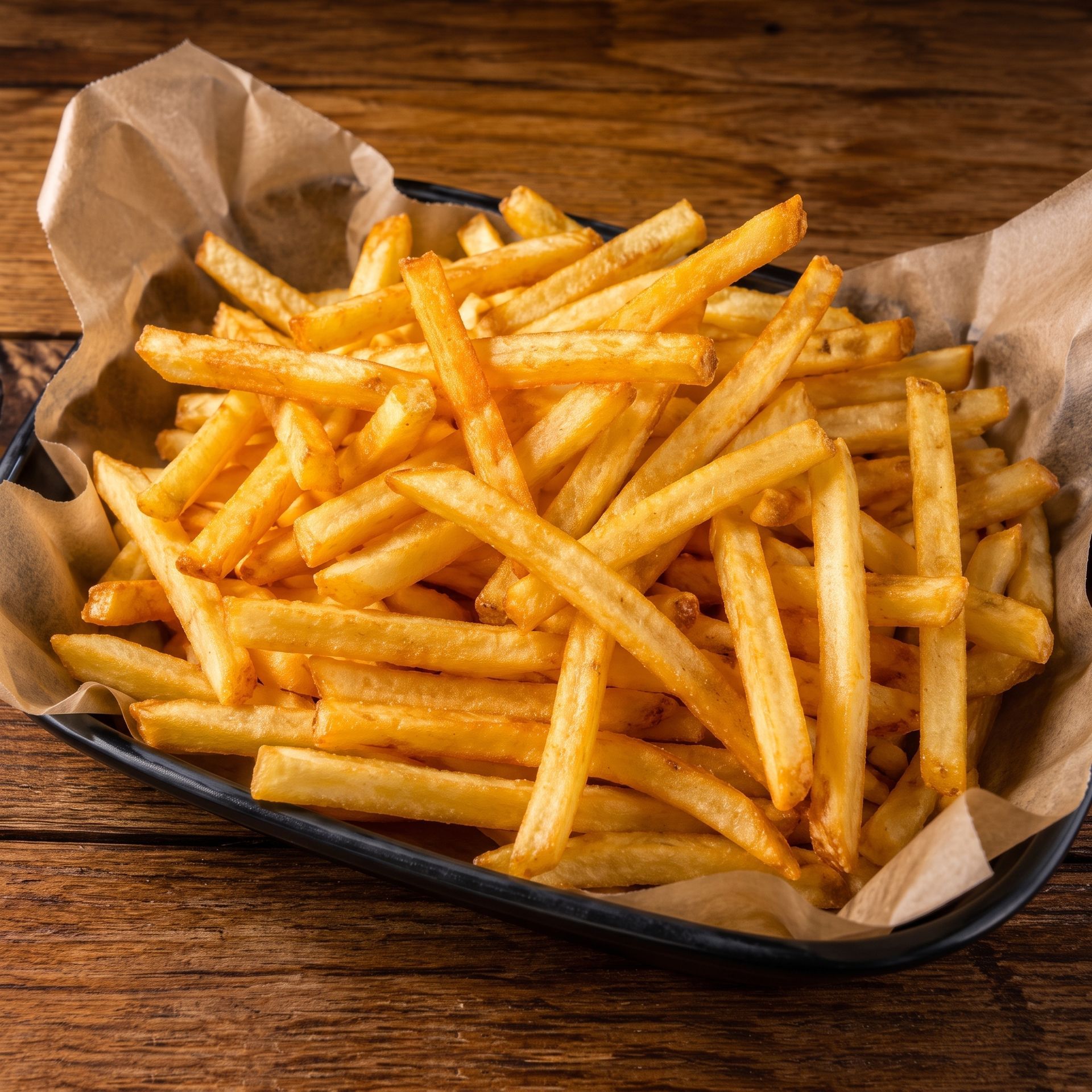 Basket of golden French fries on a wooden table, lined with parchment paper