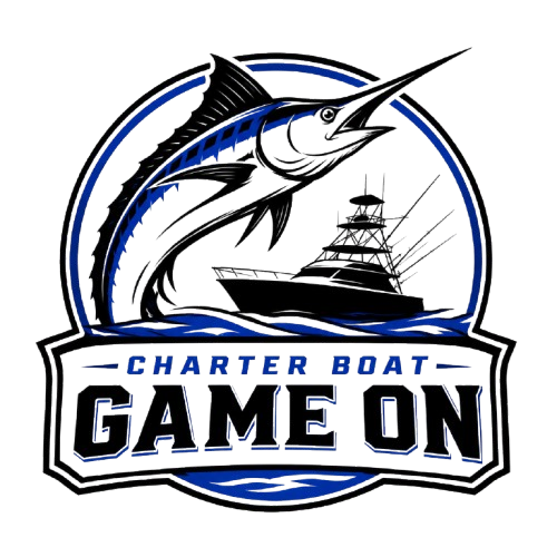 Charter boat logo with leaping sailfish and fishing boat, text: &ldquo;CHARTER BOAT GAME ON&rdquo;