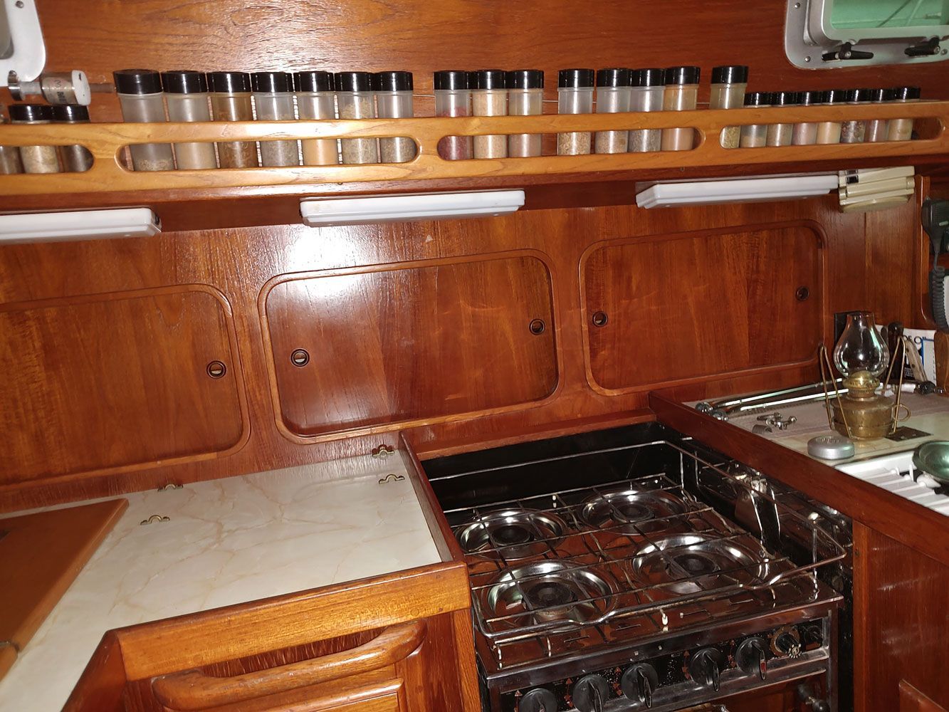 Galley with 4 burner stove and large spice rack