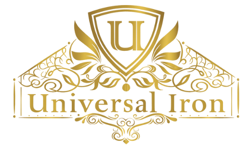 Gold logo for Universal Iron, features a shield with a stylized 