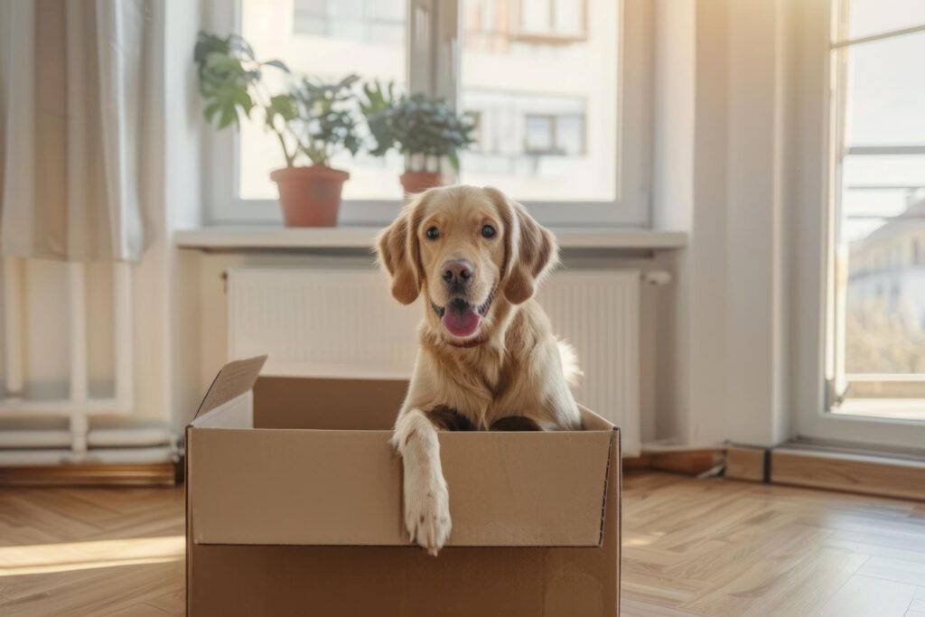 a dog sitting in a moving box
