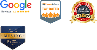 Awards and ratings for Smooth Move & Delivery, including Google 5-star reviews, HomeAdvisor Top Rated, Best of Stamford 2019-2023, and Local Movers Best in Premium Moving.