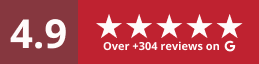 A 4.9-star rating graphic with five white stars on a red background, labeled 