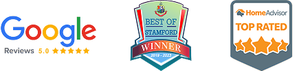 Logos for Google Reviews (5 stars), Best of Stamford Winner 2017-2023, and HomeAdvisor Top Rated.