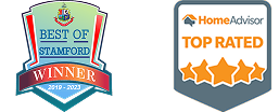 Logos for Google Reviews (5 stars), Best of Stamford Winner 2017-2023, and HomeAdvisor Top Rated.