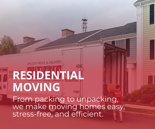 Stress-free home moving with experienced movers. Moving truck parked in front of a house. Text: