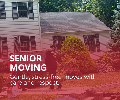 Gentle and organized moving solutions for seniors. Senior moving service: Two people loading items from a house. Text: Gentle, stress-free moves.