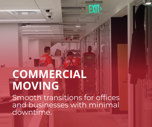 Minimize downtime with expert business relocation services. Office movers carrying items through a bright hallway; text reads
