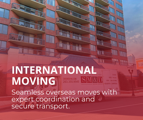 Move overseas with expert coordination and care. Moving truck next to a high-rise building, promoting international moving services.
