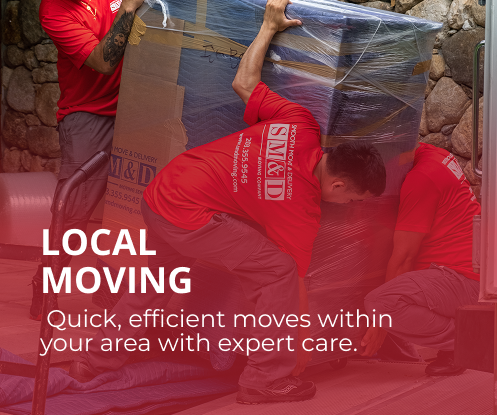 Smooth and stress-free local moves tailored to your needs. Movers in red shirts lifting a wrapped box, text: