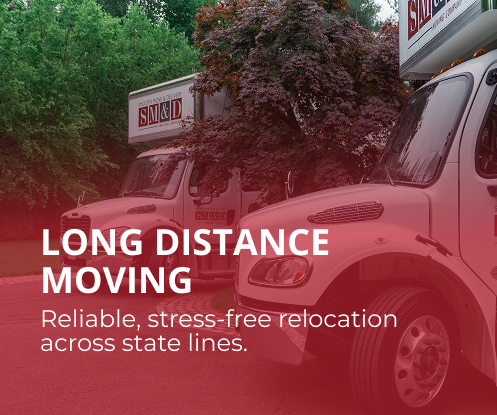 Move across states with expert care and efficiency. Two moving trucks with the text