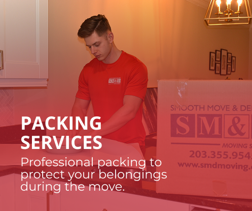 Secure packing solutions for a smooth and damage-free move. Man in red shirt packing a box. Text: Packing Services, professional packing during move.