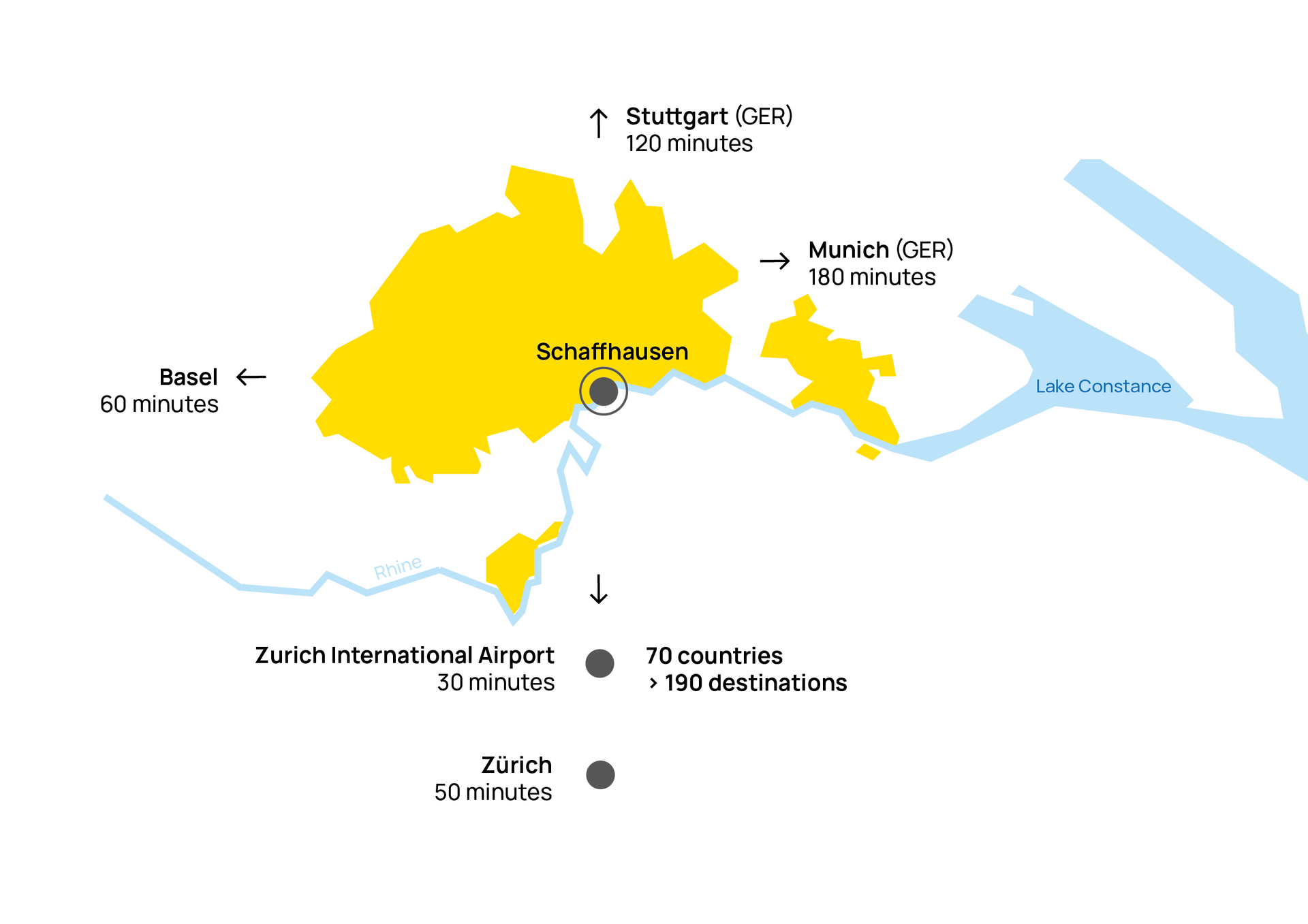 A map of Schaffhausen, Switzerland with a yellow area in the Northern part.