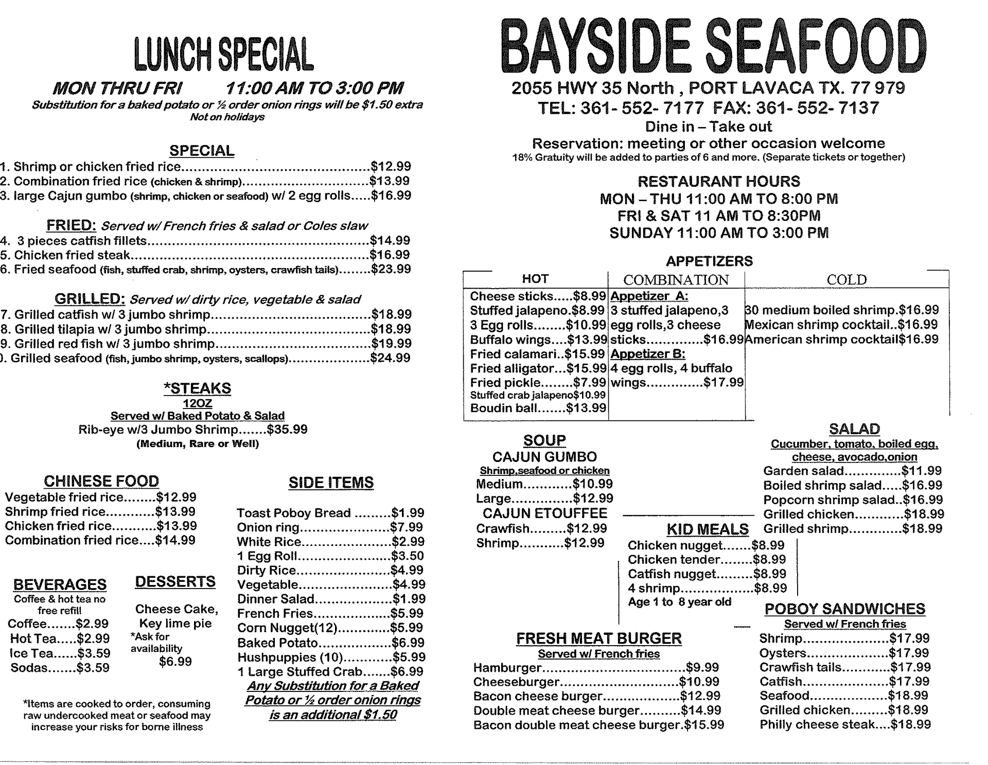 Bayside Seafood restaurant menu board with lunch specials, soups, sandwiches, seafood platters, and desserts