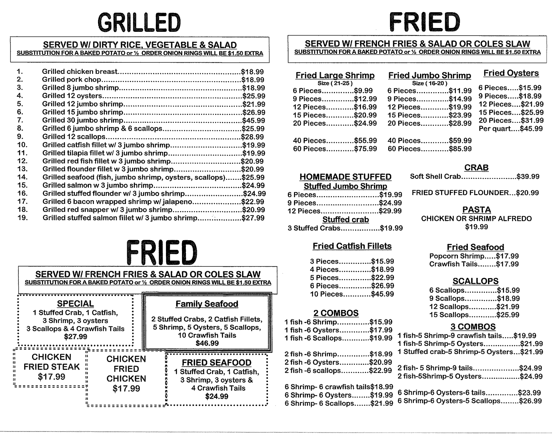 Menu board listing grilled and fried food items with prices in black text on white background.