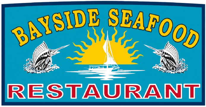 Bayside Seafood Restaurant logo with sailboats, sun and blue background
