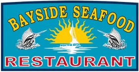 Bayside Seafood Restaurant logo with sailboats, sun and blue background