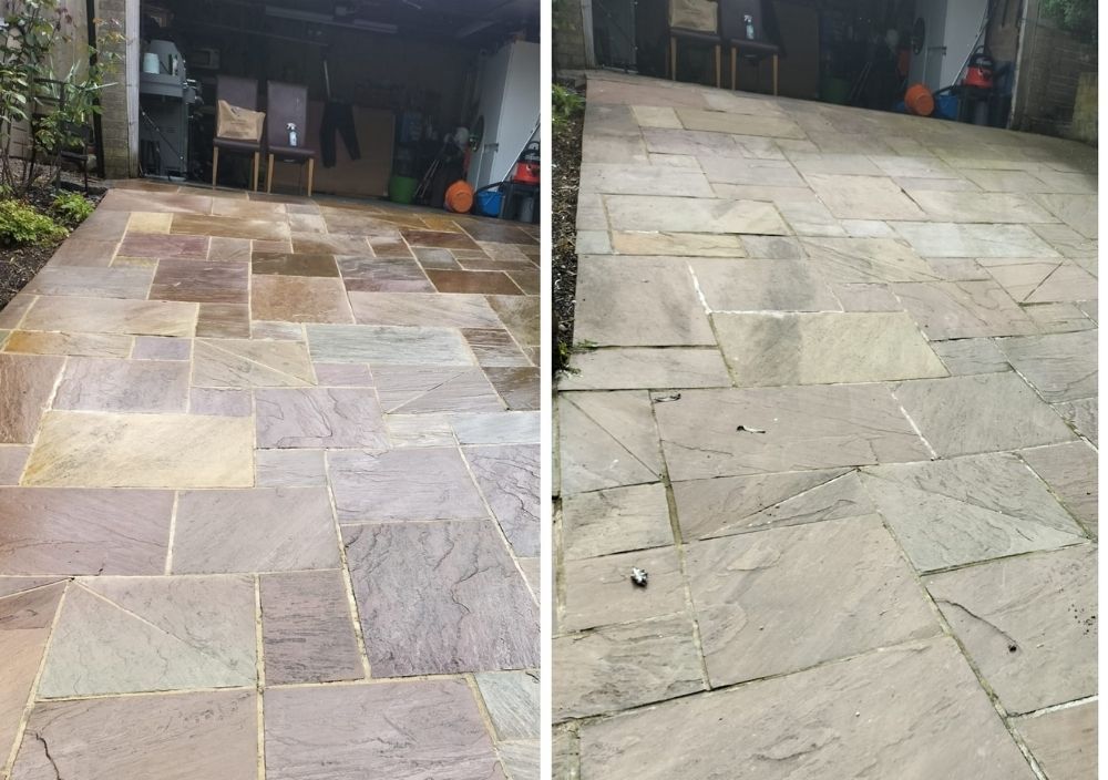 Jimmy's External Cleaning Services before and after cleaning an Indian stone driveway 