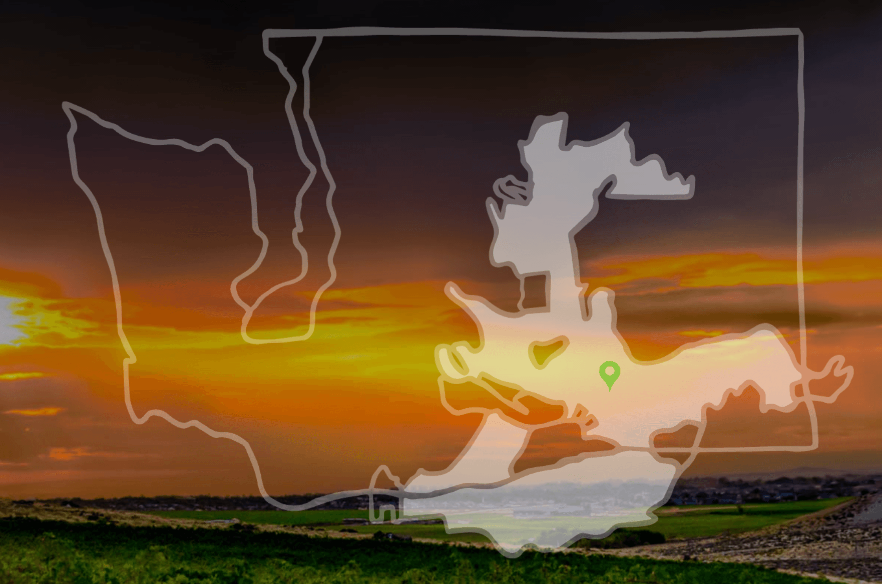 A map of the united states with a sunset in the background.