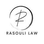 Black-and-white logo for Rasouli Law with stylized “R” inside a circle and the text “RASOULI LAW” below