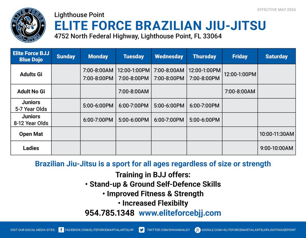 A schedule for elite force brazilian jiu-jitsu is shown