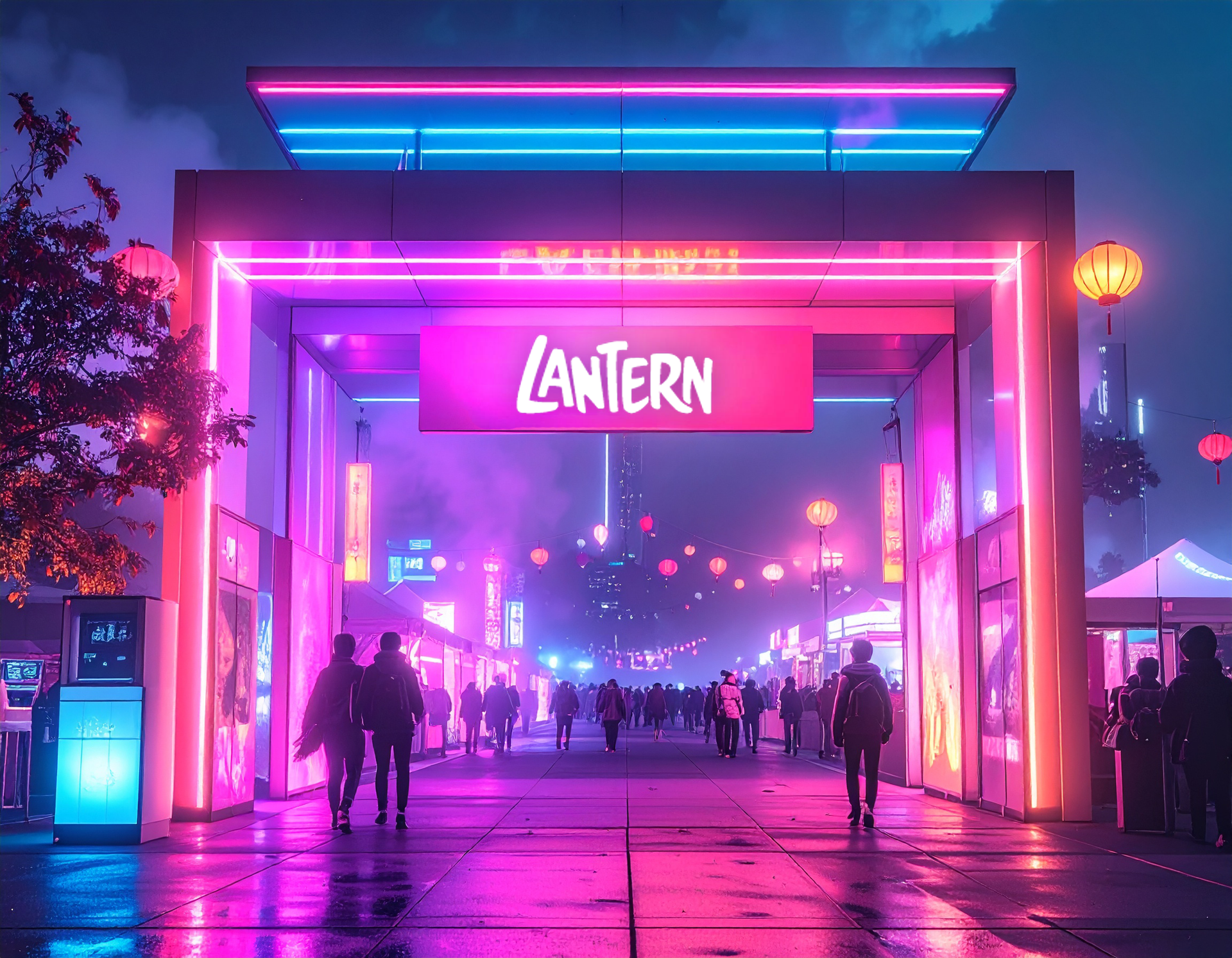 Neon-lit entrance gate reading “LANTERN” at a rainy night festival, with people walking beneath pink and blue lights