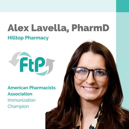 A woman wearing glasses is smiling in front of an ad for alex lavella pharmd hilltop pharmacy