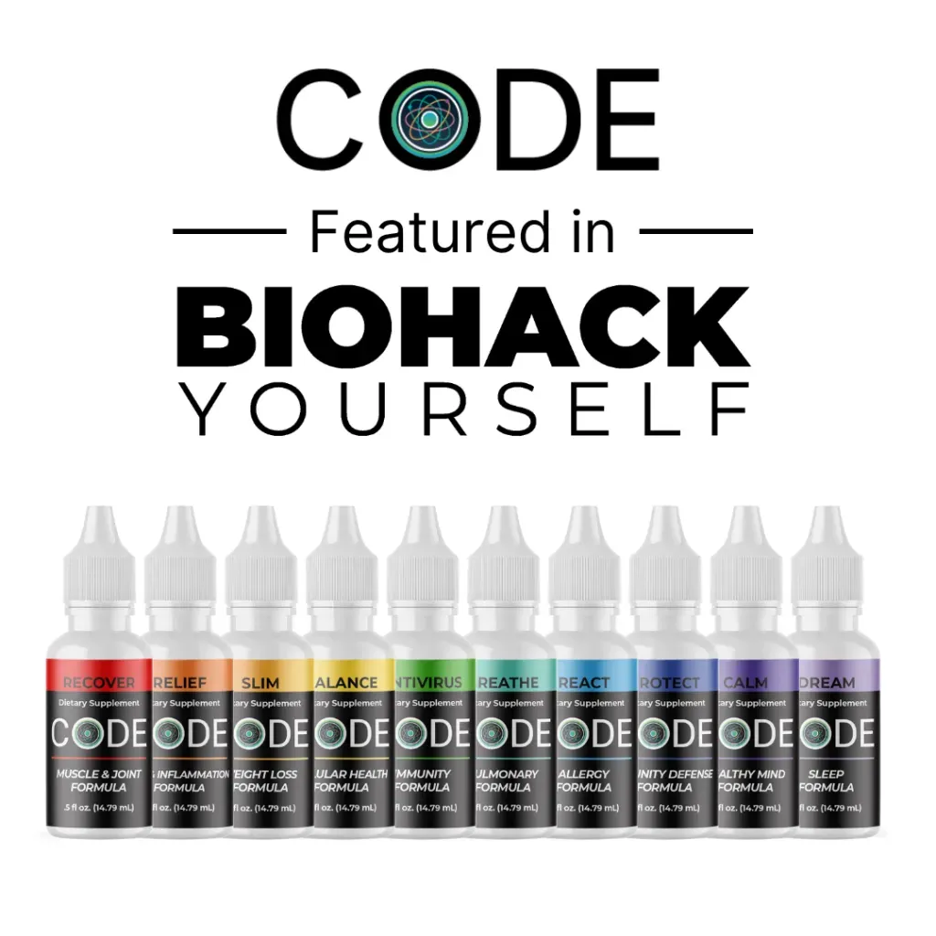 CODE haircare bottles featured in Biohack Yourself, with black labels and colorful caps on a white background
