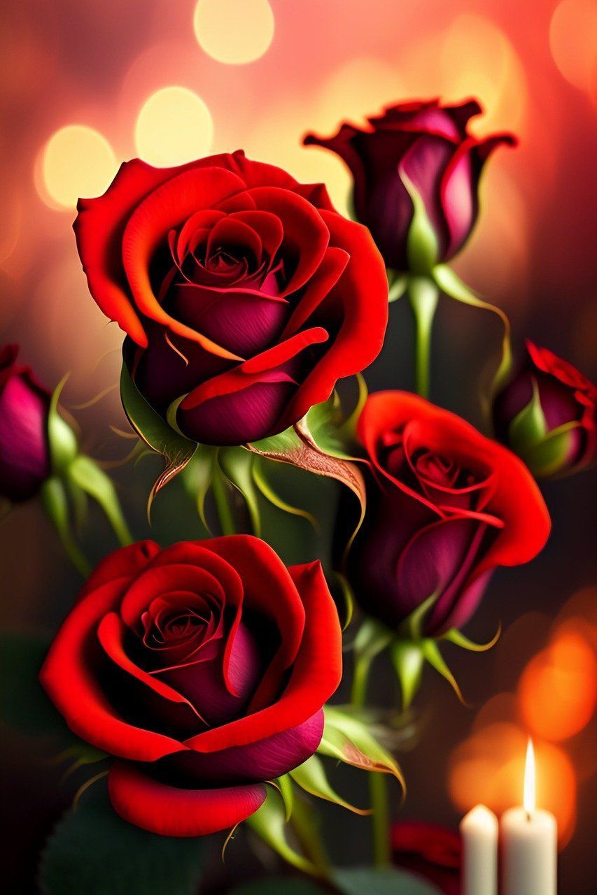 Red roses with lit candles against a warm, glowing background