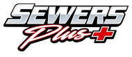 Sewers Plus logo in silver, black, red, and white text with a red plus sign