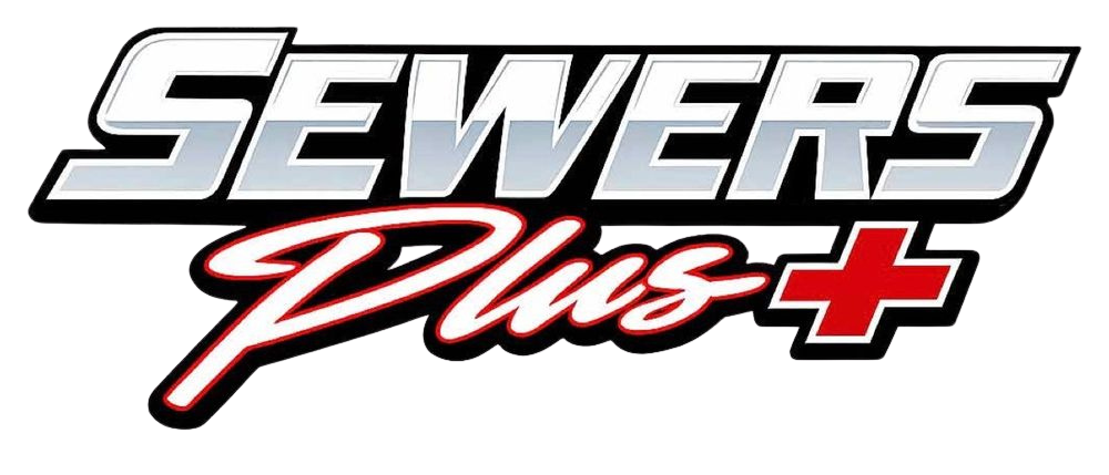 Sewers Plus logo in silver, black, red, and white text with a red plus sign