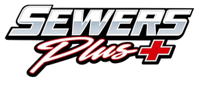 Sewers Plus logo in silver, black, red, and white text with a red plus sign