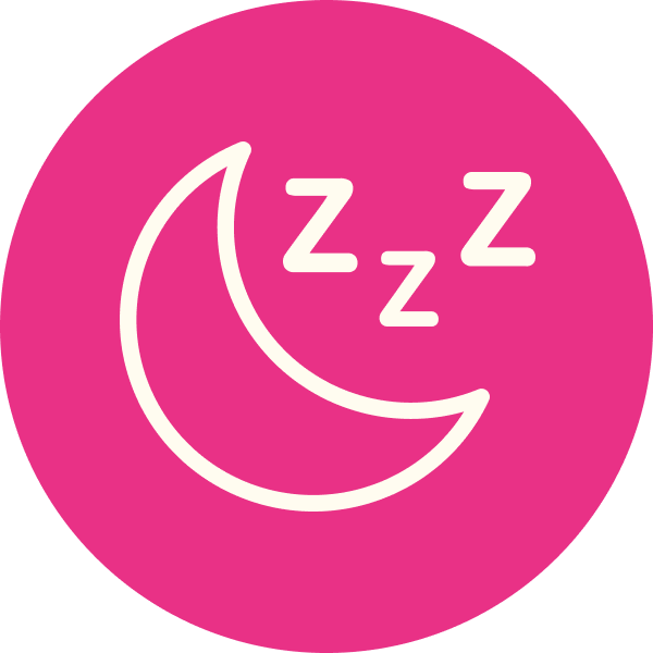 Pink circle with a white crescent moon and three sleep “Z” symbols