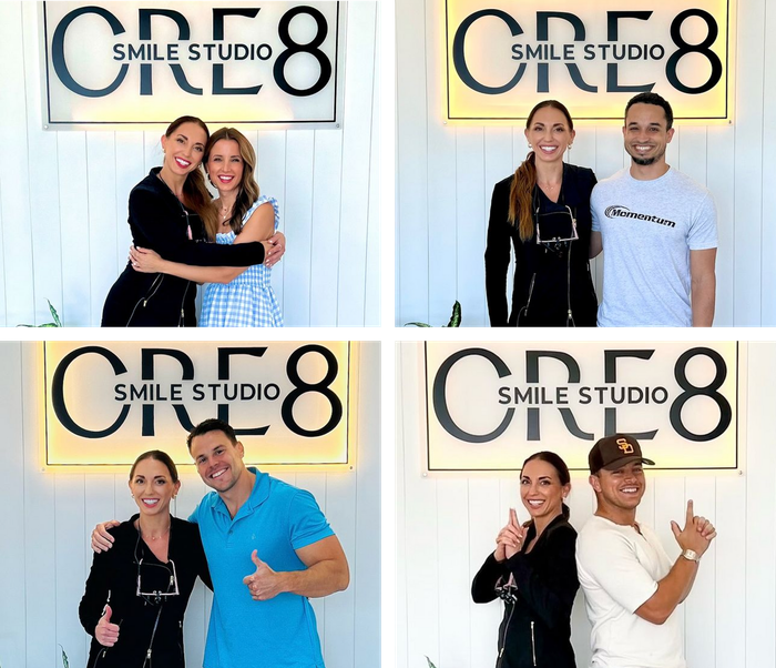 Four photos of smiling people posing at the OCE8 Smile Studio sign, each pair in front of a white wall.