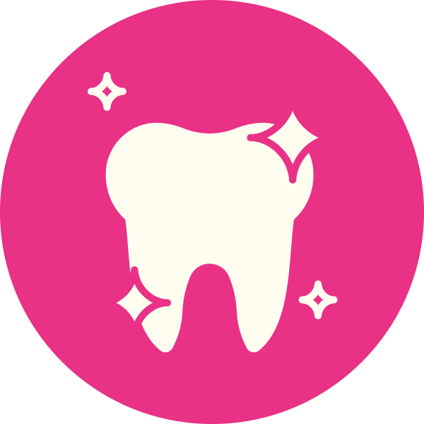 White tooth icon with sparkle accents inside a pink circle