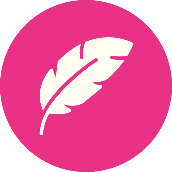 White feather icon on a bright pink circular background
