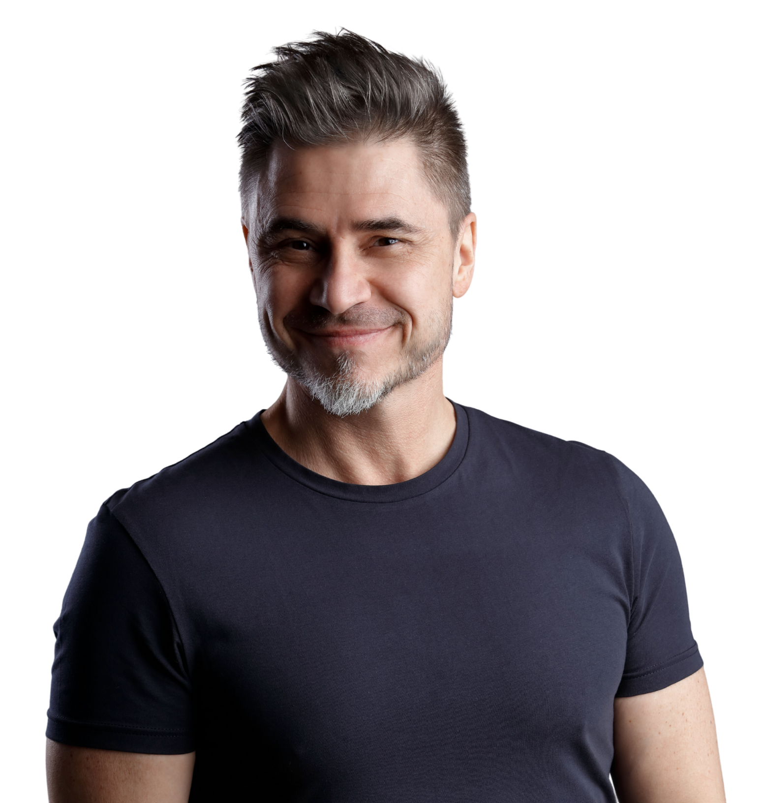 Smiling man in a dark T-shirt against a white background