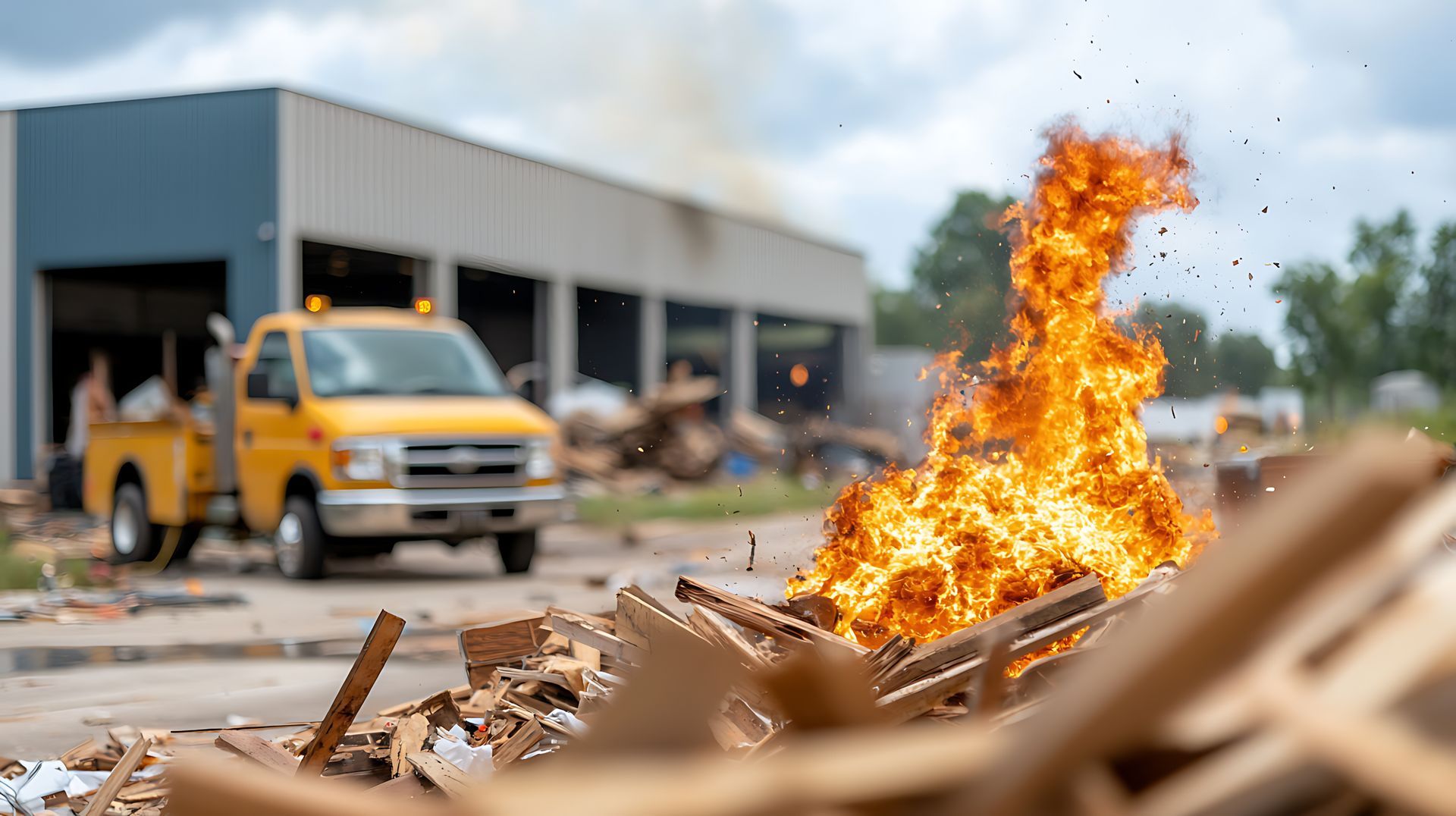 Burning pile of wood in front of a yellow truck and a building, smoke in the sky.