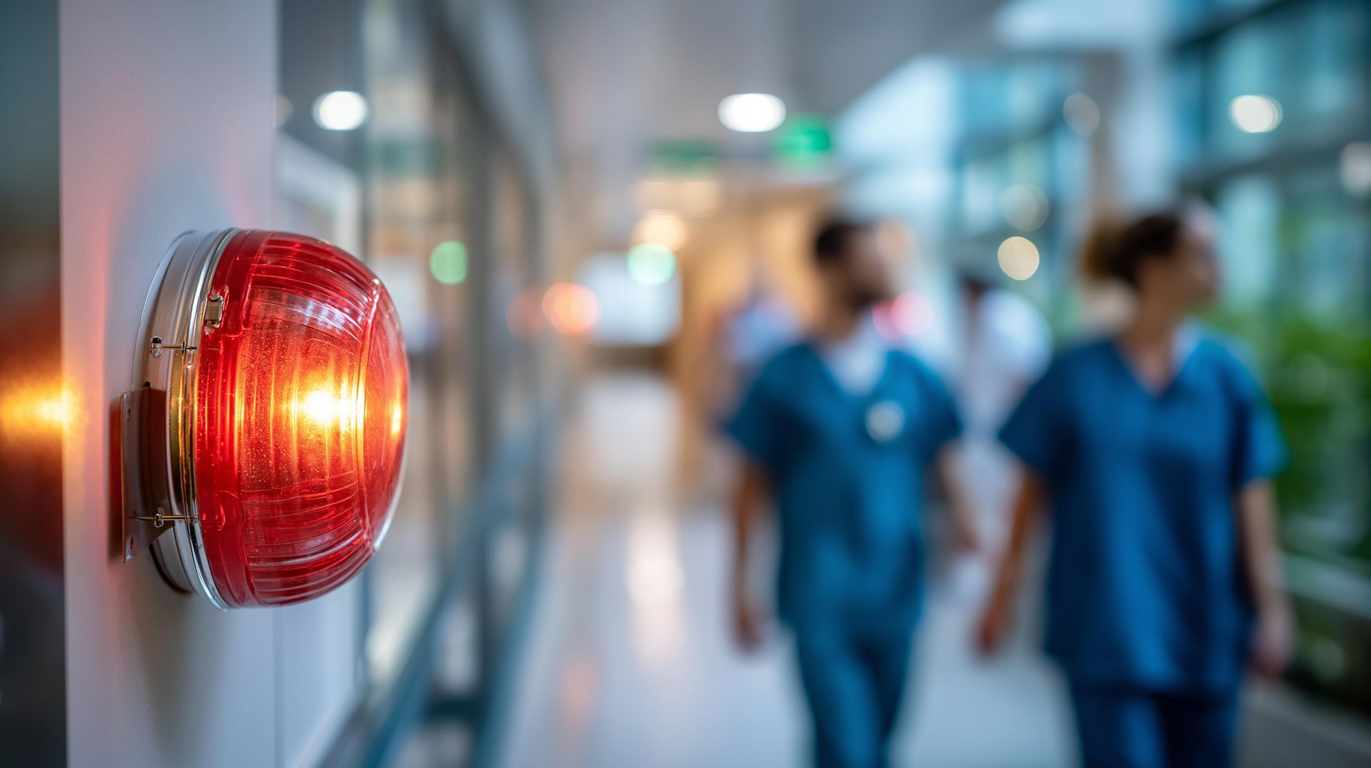 Red emergency light on a wall in a hospital hallway; two medical workers blurred in the background.