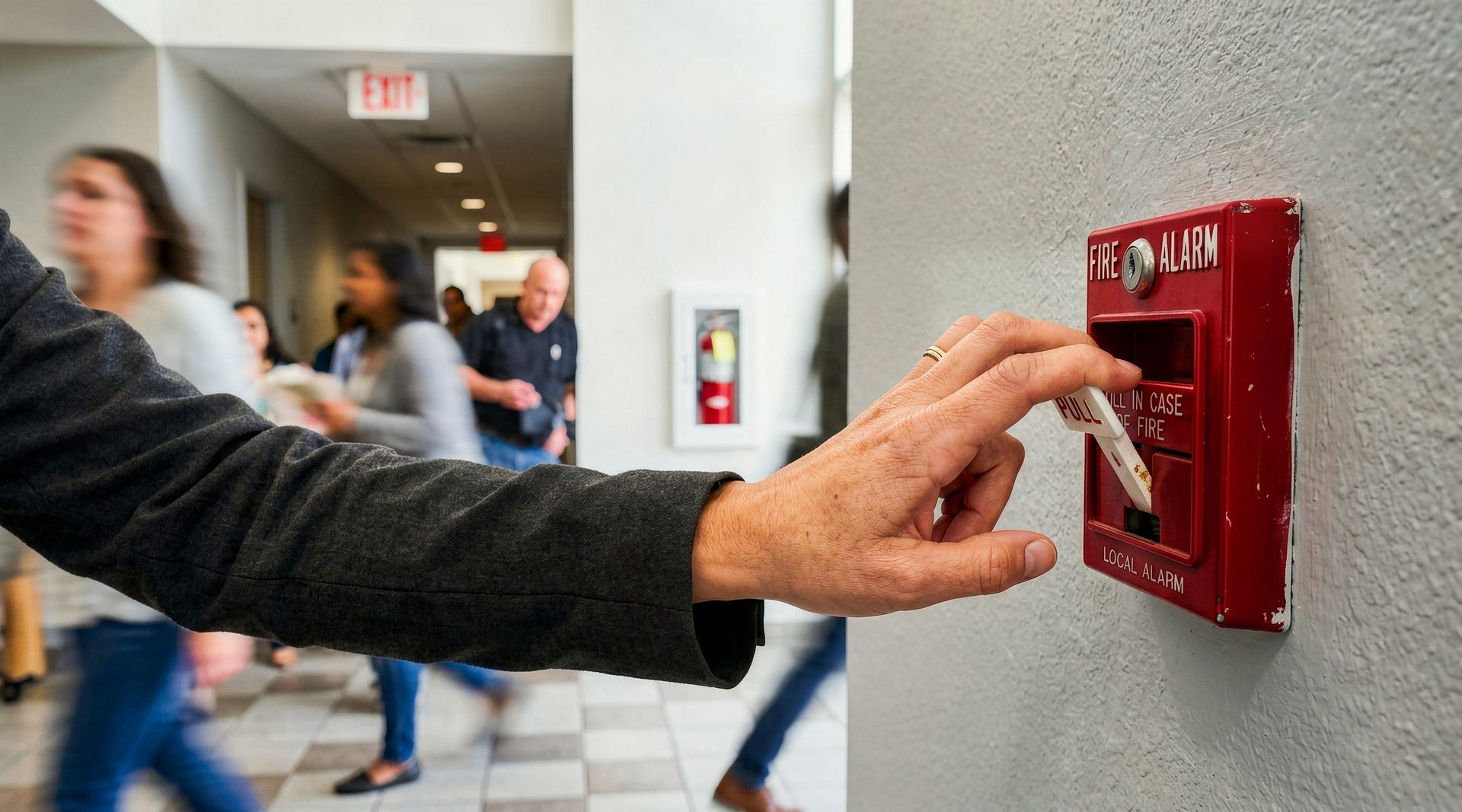 Hand pressing a red wall-mounted fire alarm in a hallway with people walking past