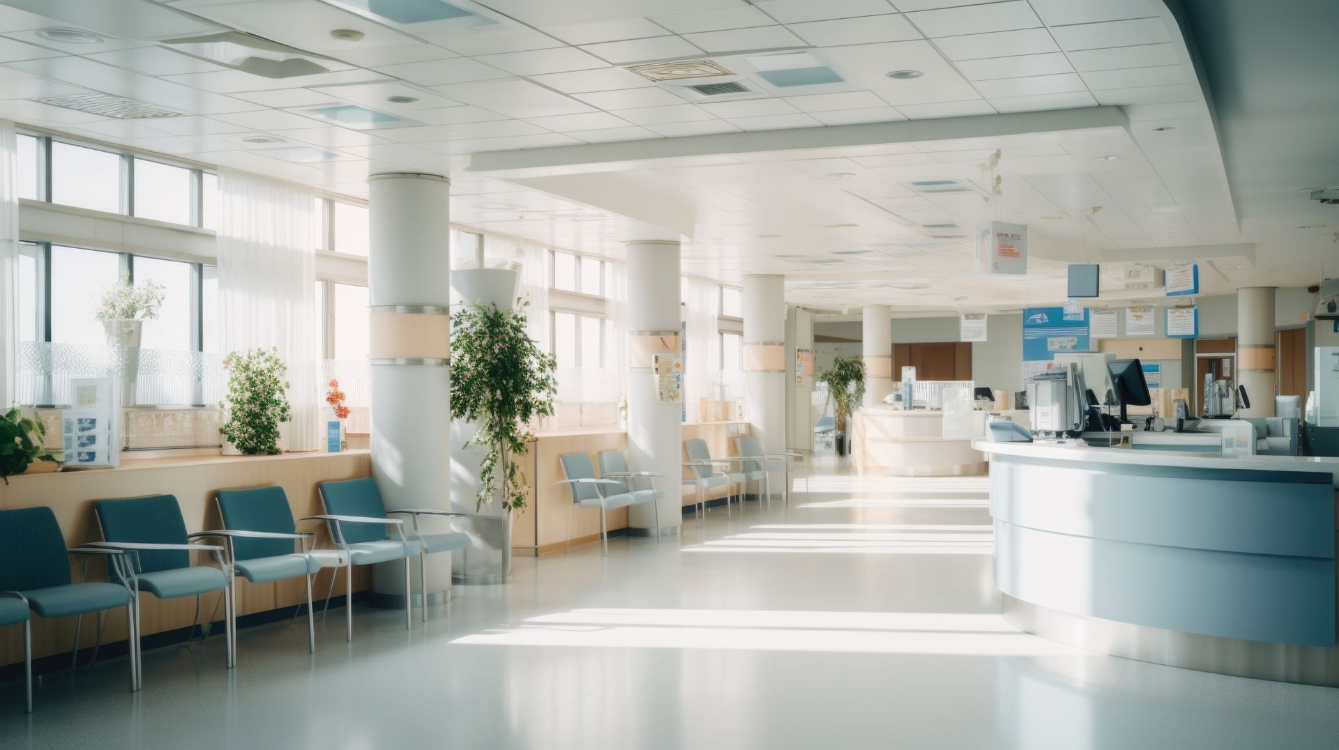 An empty hospital lobby with a counter and chairs.