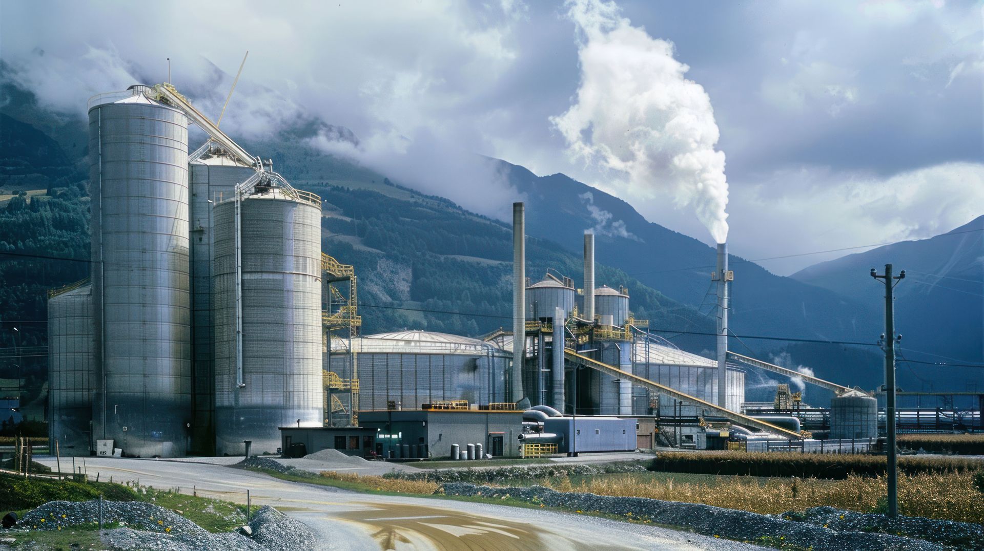 A factory with smoke coming out of the chimneys and mountains in the background
