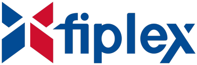 A blue and red logo for fiplex on a white background