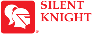 The silent knight logo is red and white and has a spartan helmet on it.