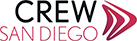 A logo for crew san diego with a red arrow pointing to the right.