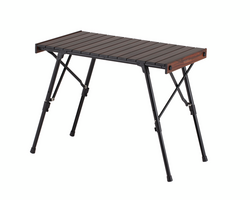 A small wooden table with black legs on a white background.
