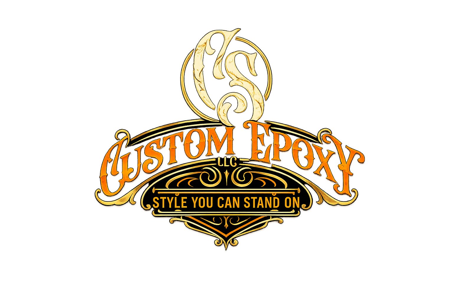 Custom Epoxy logo with gold lettering and ornate emblem on a white background, reading &ldquo;Style You Can Stand On.&rdquo;