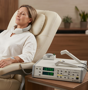 Woman relaxing in a reclined chair with a neck device connected to a medical treatment machine